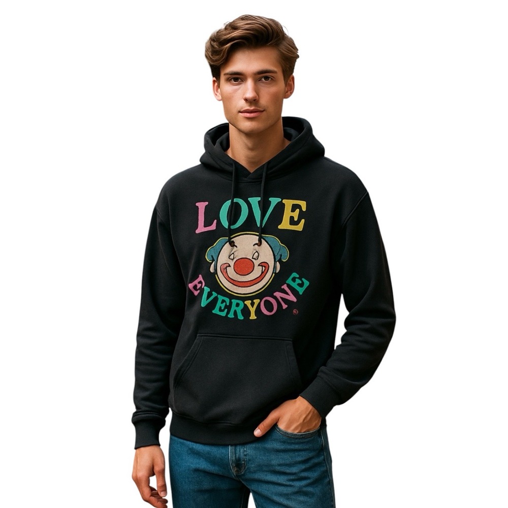 Love Everyone Clown Hoodie L Black Adult Clowncore Fun Graphic Quirky Pullover
